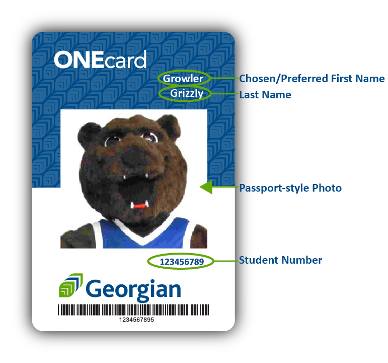 Photo of a ONEcard with explanation on what information it contains: chosen/preferred name, last name, passport-style photo, and student number.