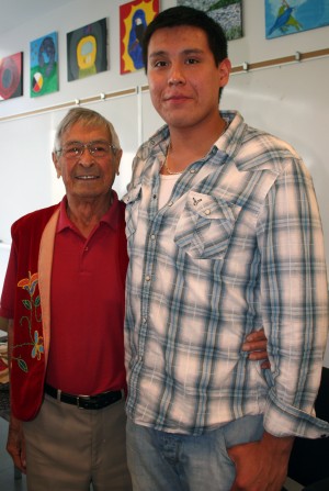Basil Johnston, author, teacher and storyteller, left, and musician Greg Ritchie, celebrate at the 2013 Ontario Arts Council Aboriginal Arts Award ceremony. Johnson, this year's laureate, chose Ritchie to receive the emerging artist laureate honour. 