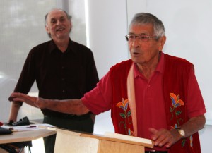Basil Johnston, winner of the 2103 Ontario Arts Council Aboriginal Arts Award, tells a story to the audience at the awards