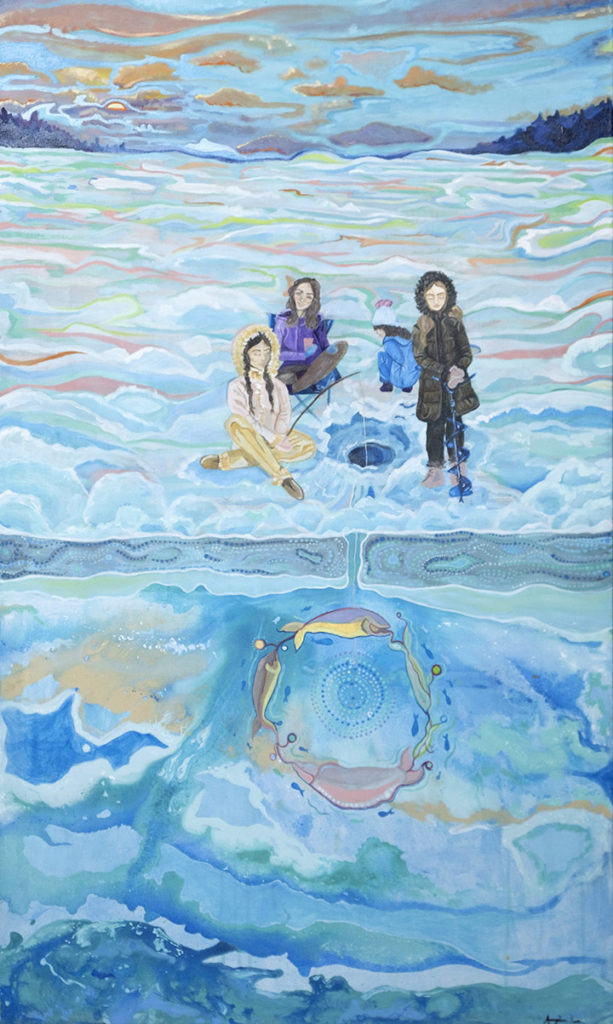 A painting of four girls ice fishing