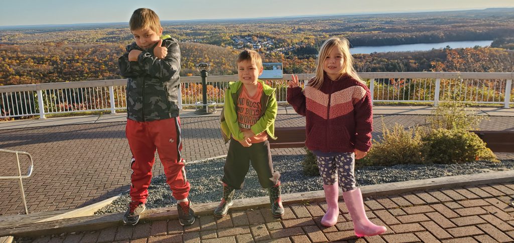 Three children stand next to each other and smile at the camera while standing on a viewing platform overlooking forests and a lake.