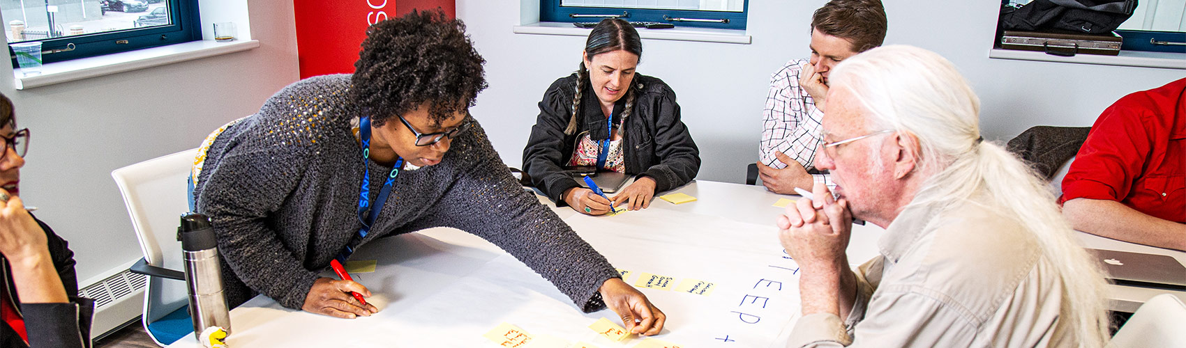 a group of people sitting around a table writing and placing sticky notes