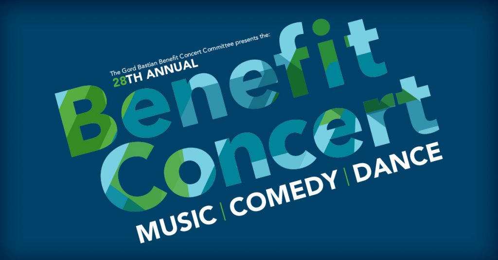 Logo with Benefit Concert and the words "music, comedy, dance"