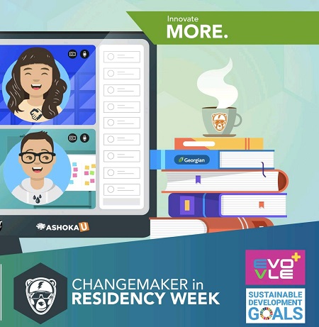 Changemaker in Residency Week graphic of people learning virtually, books and a cup of steaming coffee or tea 