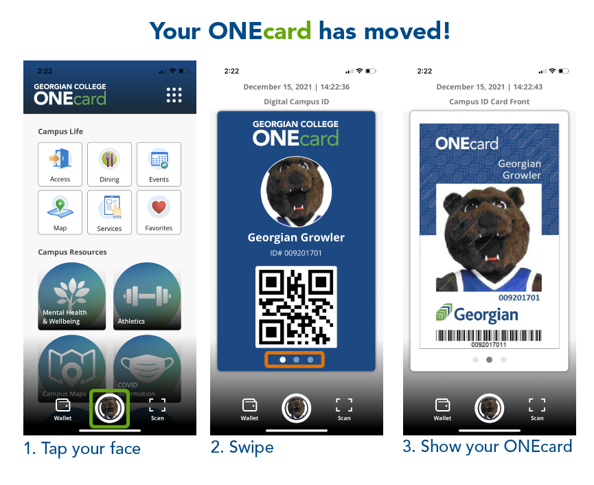 Screenshots of what the new digital ONEcard looks like and where to find it. Tap your face in the app, swipe, show your ONEcard.