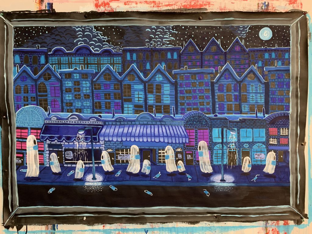 A painting of ghosts floating down a sidewalk in a city, and all of them are wearing face masks.