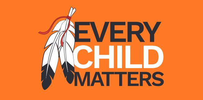 An orange background with Every Child Matters written in black and white lettering, next to black-and-white feathers tied together.