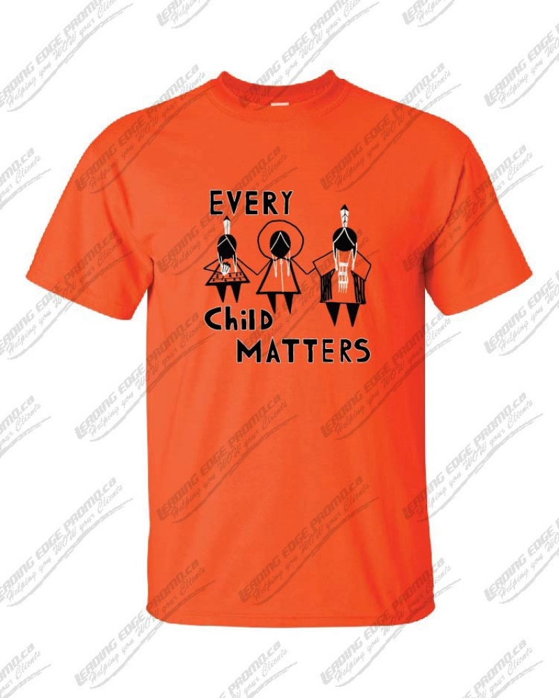 An orange T-shirt reading Every Child Matters with an image of three people holding hands.