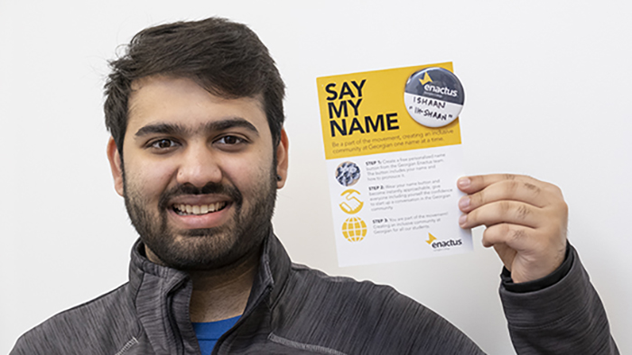 Ishaan Sachdeva, the President of the Georgian College Students' Association (GCSA) Barrie, making his Say My Name pledge. 