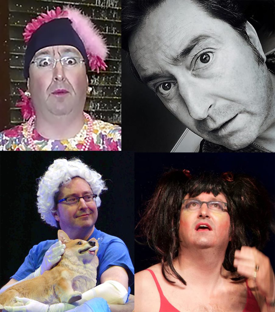 A square of four phtoos. Upper right is a black and white head shot of a white man with dark hair. Other shots are him in various costumes.
