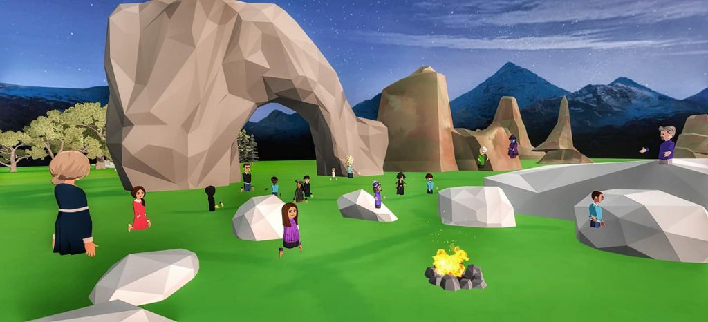 A screenshot of a virtual reality universe, with avatars of people sitting around a fire pit at night.