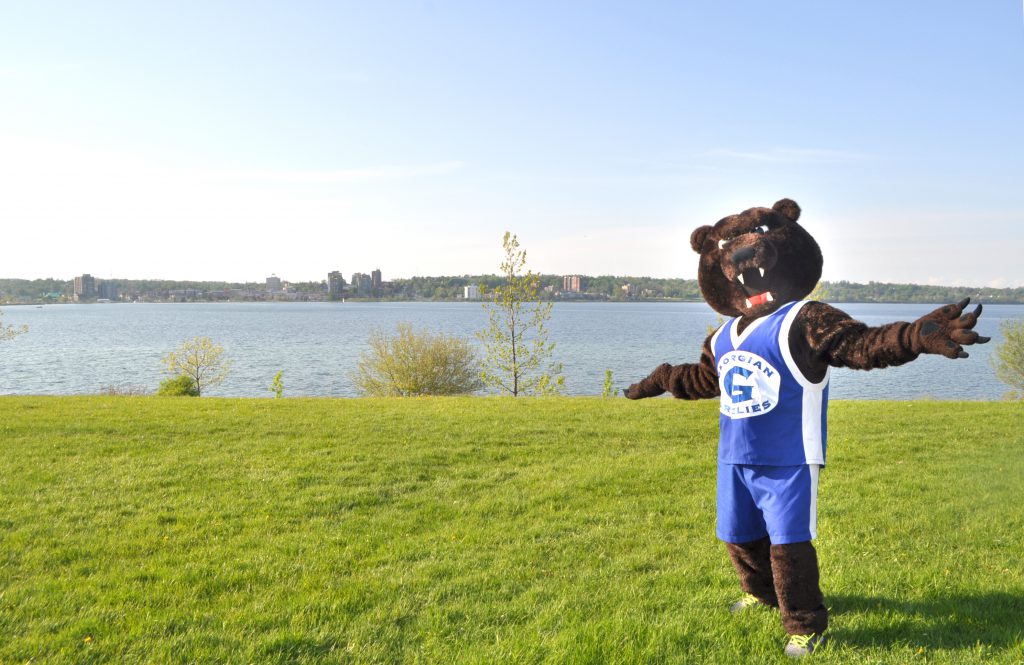 Growler the Grizzly mascot on one of Barrie's waterfront trails