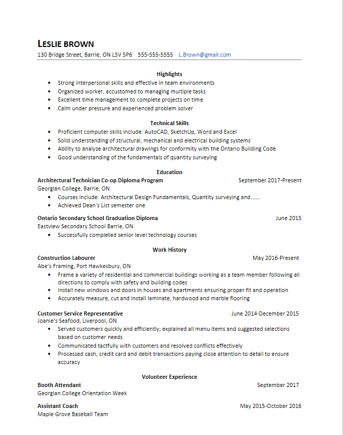 A sample resume for an architecture student applying for work