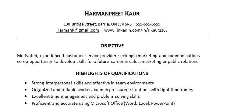 Resume example with an objective statement and highlights of qualifications