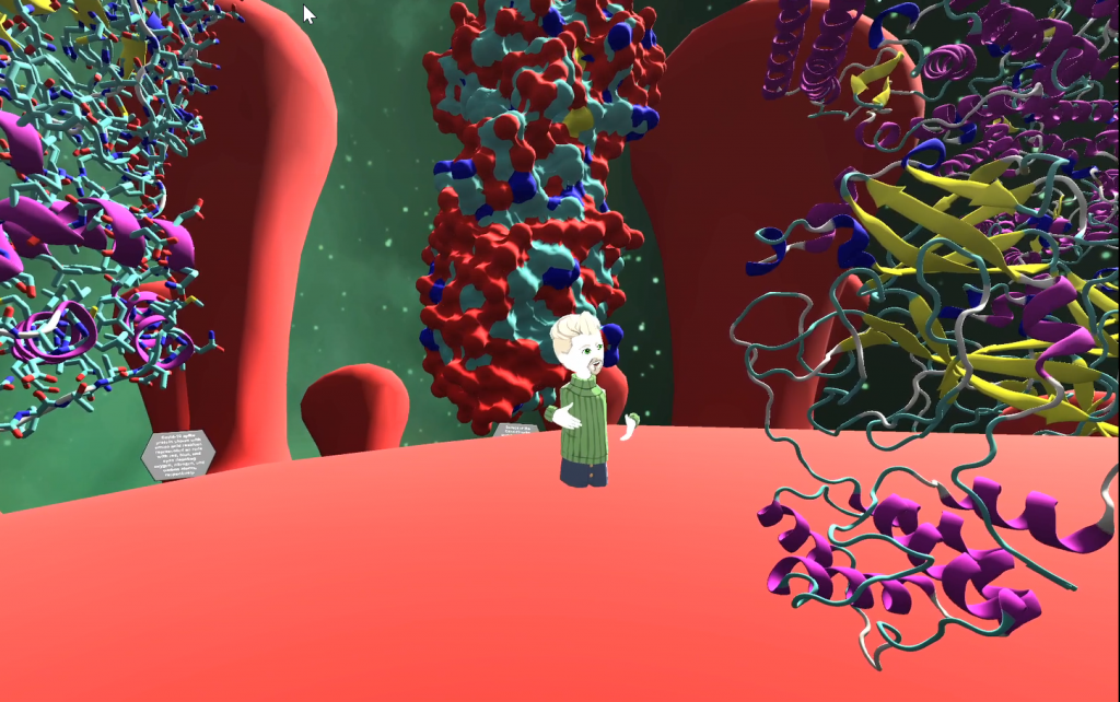 A screenshot of a virtual reality environment showing an avatar standing on a large red surface with strings of DNA all around them.