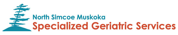 A blue and orange logo with a tree on it for the North Simcoe Muskoka Specialized Geriatric Services