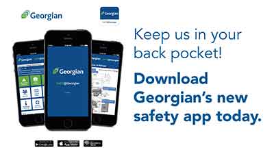 Images of three phones with wording Keep us in your back pocket! Download Georgian's new safety app today.