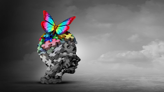 Trauma-informed teaching. Grey background with a head made of puzzle pieces. Colourful butterfly on top of the head.