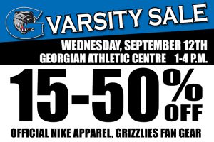 Varsity sale, Wednesday, Sept. 12, Georgian Athletic Centre, 1 to 4 p.m., 15 to 50 per cent off