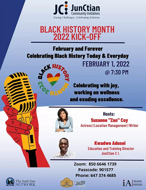 Flyer advertising Black History Month event; connect on Zoom: 850 6646 1739, passcode 901577