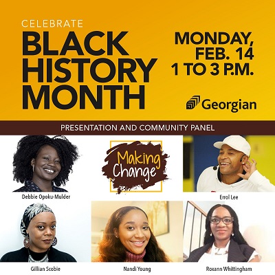Black History Month - image of each panelist, Making Change logo, Georgian logo, and date and time