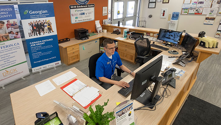 Front desk of Georgian's Career and Employment Community Services at the Edelbrock Centre in Orangeville