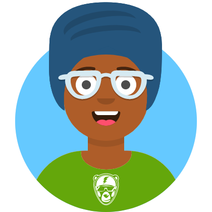 Changemaking avatar wearing a green t-shirt, light blue glasses and a navy blue hair wrap