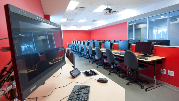computer lab with red walls