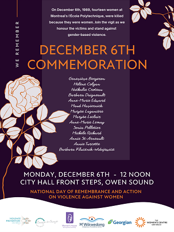 Flyer for vigil in Owen Sound: National Day of Remembrance and Action on Violence Against Women; list of murdered women and location of vigil