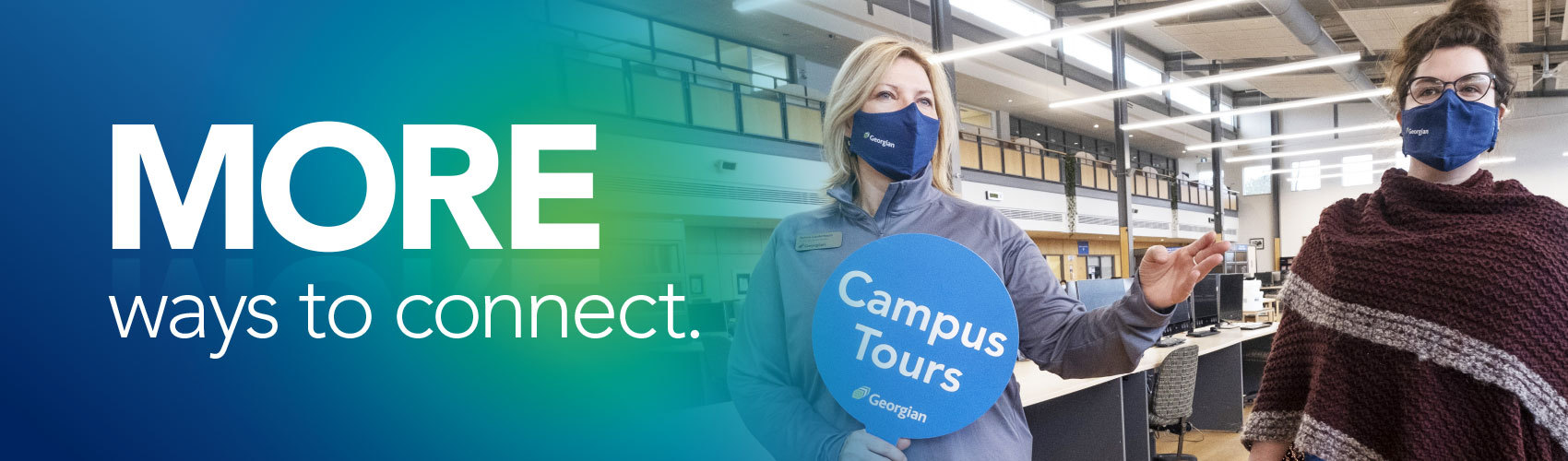 MORE ways to connect with campus tours. A Georgian student recruitment specialist holds a blue "Campus Tours" sign next to a student in the Barrie Campus library.