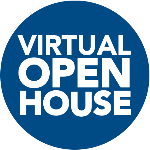 blue circle that says Virtual Open House in white font