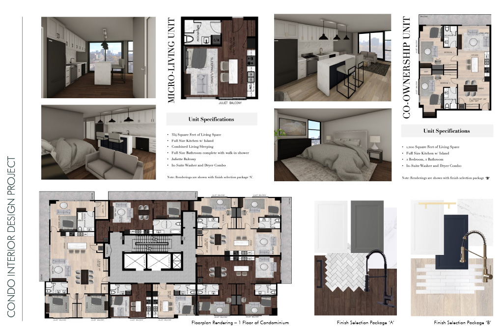 Condo interior design project (featuring floorplan and rendered room arrangements) by Cassandra Haire, student in Georgian's Honours Bachelor of Interior Design program