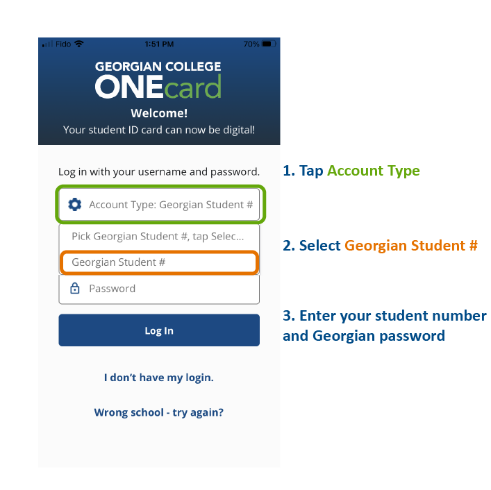 New login steps for 360. Tap account type, select the Georgian Student # option, then enter your student number and password.