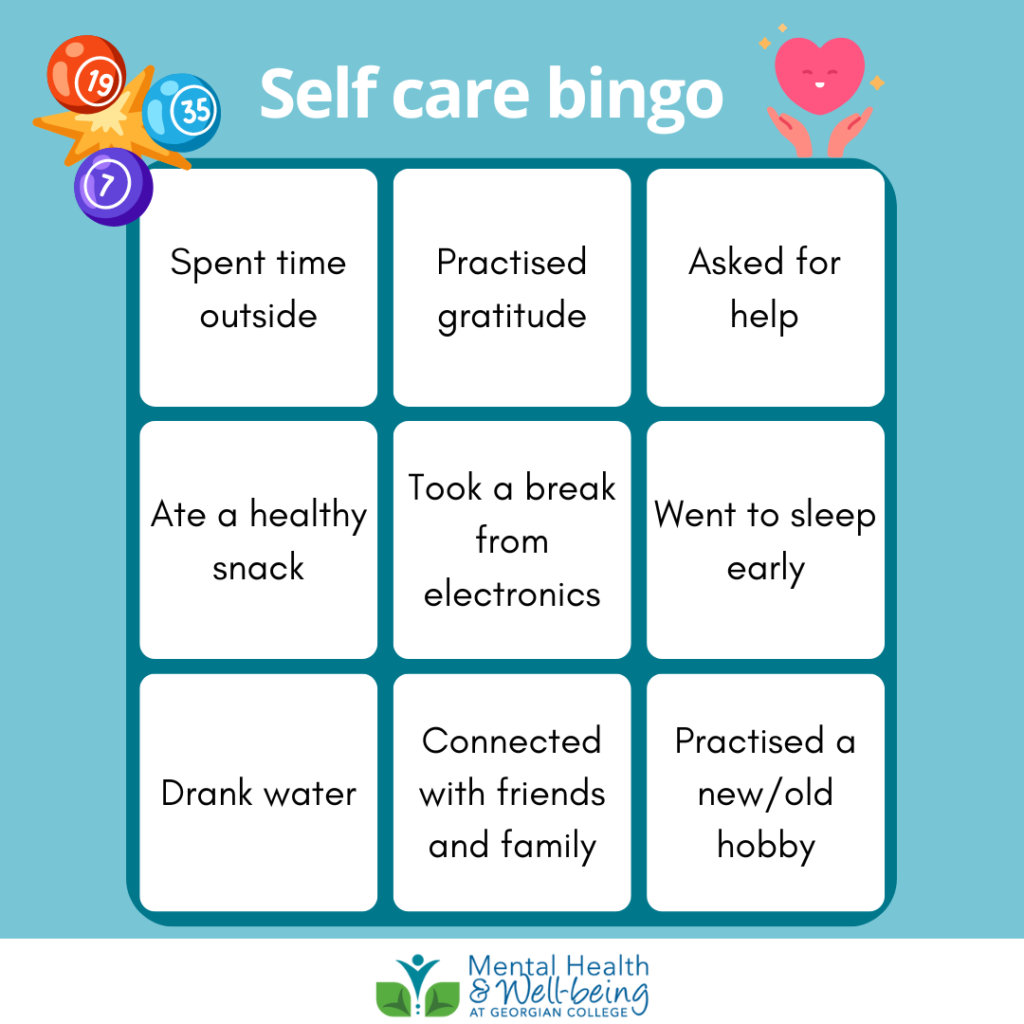 A bingo card with nine square with self-care words like "asked for help" "Went to sleep early"