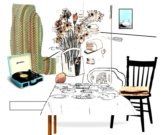 Collage of images and illustrations to represent the exhibition, which shows a table setting, flowers, fabric textures, a record player, and miscellaneous and objects. 