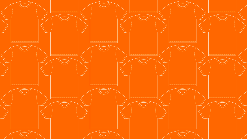 An orange background with a pattern overtop of white outlines of T-shirts.