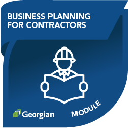 Business Planning for Contractors module badge, featuring an icon of a construction worker in a hard hat with a book in hand