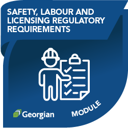 Safety, Labour and Licensing Regulatory Requirements module badge, featuring an icon of a person in a hard hat pointing to a checklist