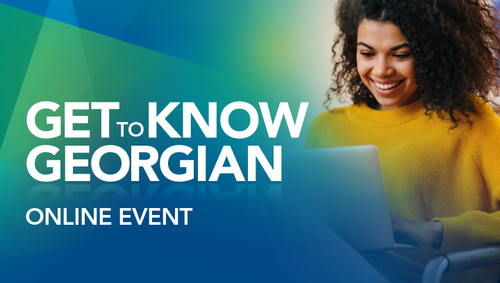 Get to Know Georgian online event featuring a person smiling while looking at a laptop
