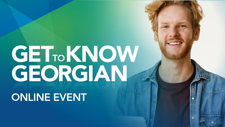 Get to Know Georgian online event: A person with orange hair and beard, smiling and wearing a maroon shirt and denim button-up shirt