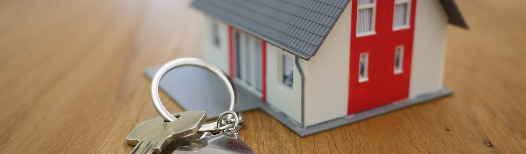 keychain of a miniature home with a house key on the key ring