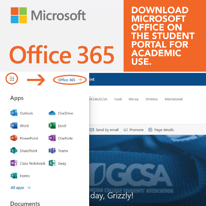 screenshot of the student portal and how to download Microsoft Office Suite