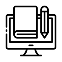 icon of a desktop computer, book and pencil