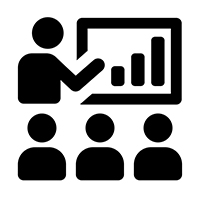 icon of a professor pointing to a line graph in front of three students