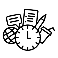 icon of a clock, globe, speech bubble, list, pencil and drink