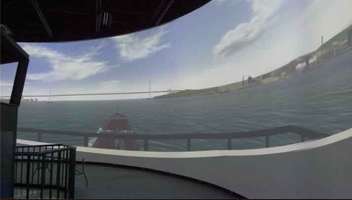 Picture of the screen of a commercial shipping bridge simulator