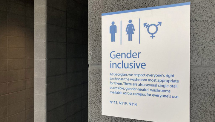 Gender inclusive washroom signage at the Georgian College Barrie Campus