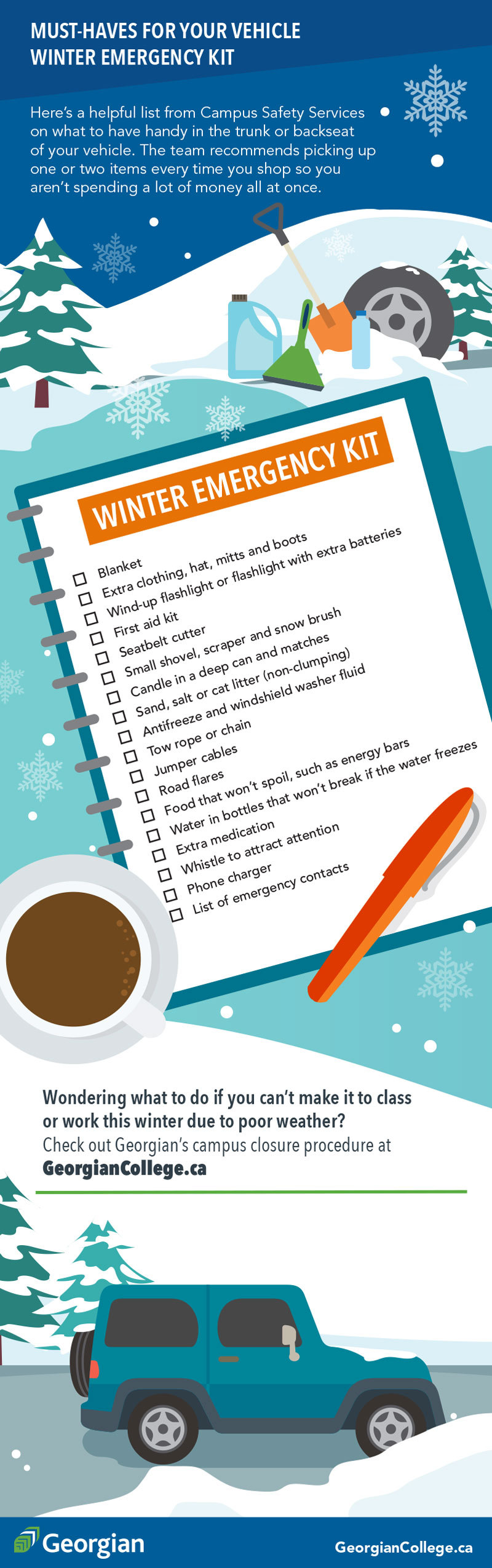 List of must-haves for safety kit in winter; see as .pdf