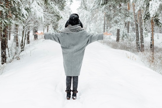 stock image: woman in grey jacket standing with arms outstretched in a forest, newly fallen snow